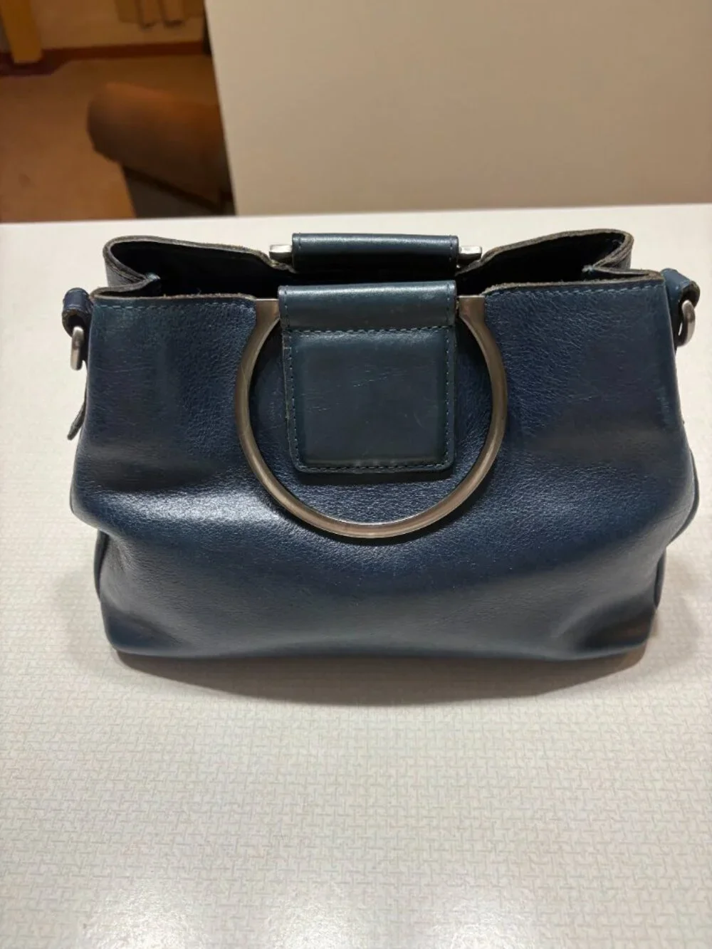 GUC Patricia Nash Navy Leather Satchel with Metal Ring Handles